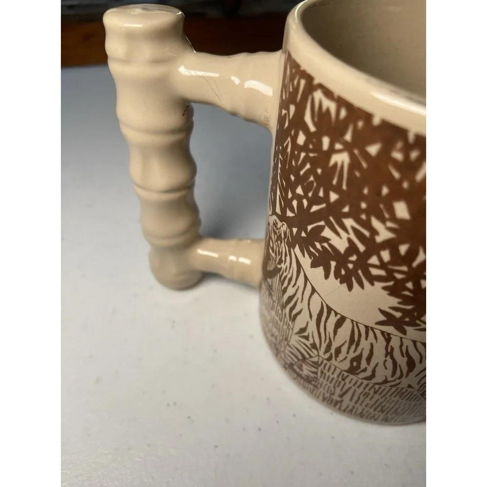 ARNART - Vtg Brown & Tan Tiger Safari Jungle Bamboo Royal Crown Coffee Cup Mug